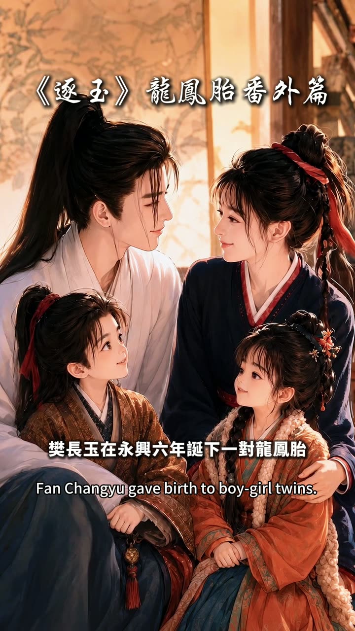 最高瀏覽 Reel 封面：《逐玉》龍鳳胎番外篇，古裝家庭四人角色合影