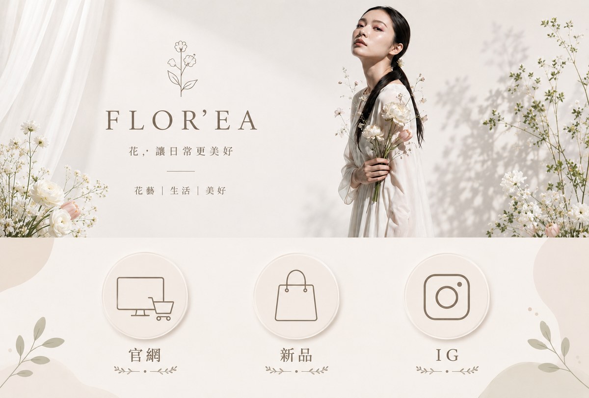 FLOR'EA 花藝品牌 LINE 圖文選單：上方為品牌主視覺，下方分為官網、新品、IG 三個入口
